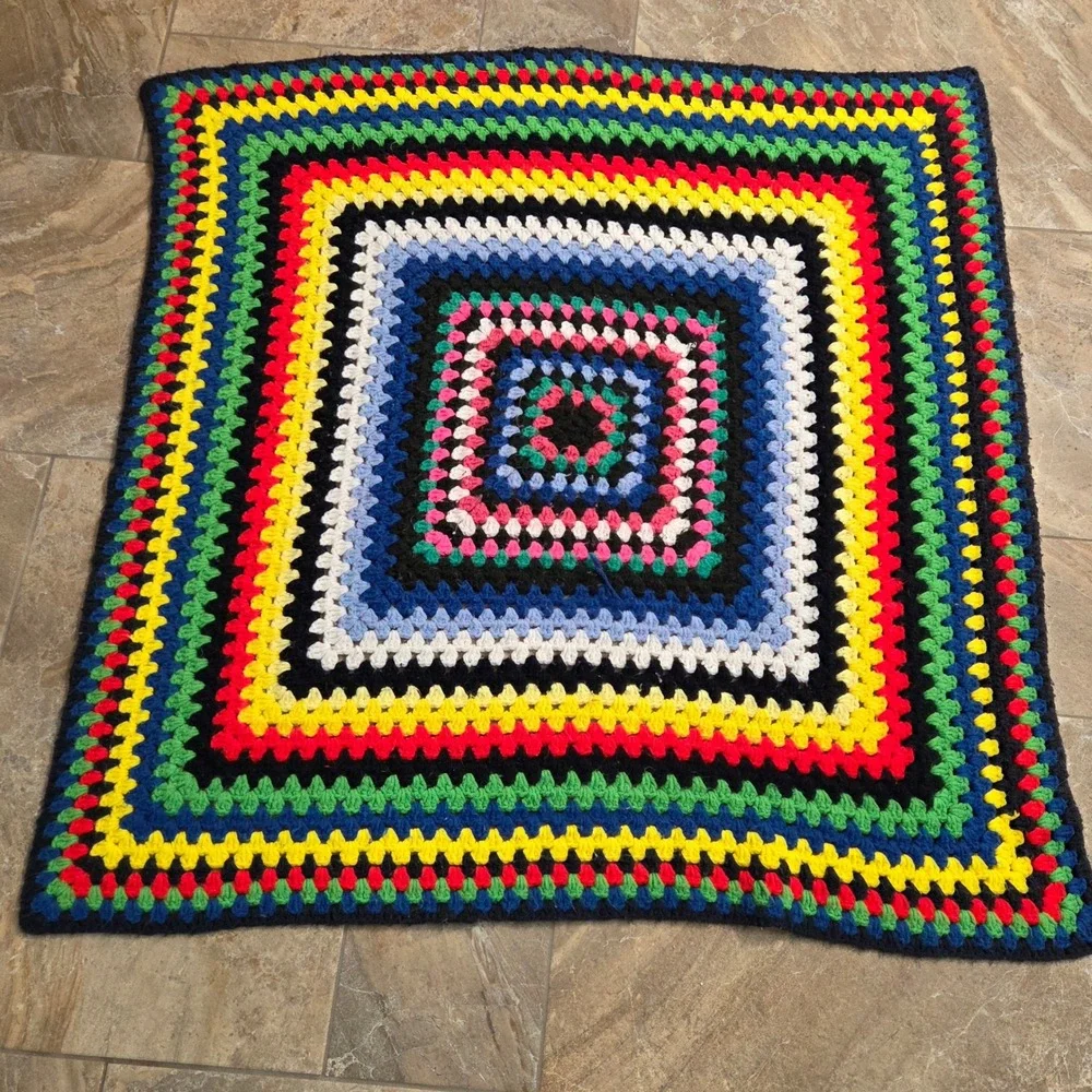 Vintage‎ Handmade Crochet Granny Square Rainbow Afghan Throw Blanket 36x36 Boho
